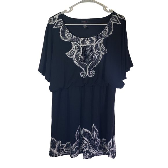 STYLE & CO Large Black, White Floral Shift, Flutter Sleeve, Blouson Dress - Picture 3 of 5